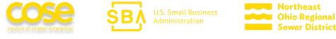 Logos for COSE, the U.S. Small Business Administration, and the Northeast Ohio Regional Sewer District—all in yellow on a black background—showcase top asphalt companies Cleveland Ohio trusts, like leading commercial concrete paving contractors.
