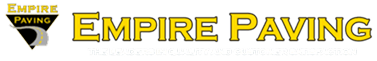 Empire Paving logo with a road graphic on the left. The text reads EMPIRE PAVING in bold yellow, highlighting them as a top commercial concrete paving contractor and leader in quality and customer satisfaction.