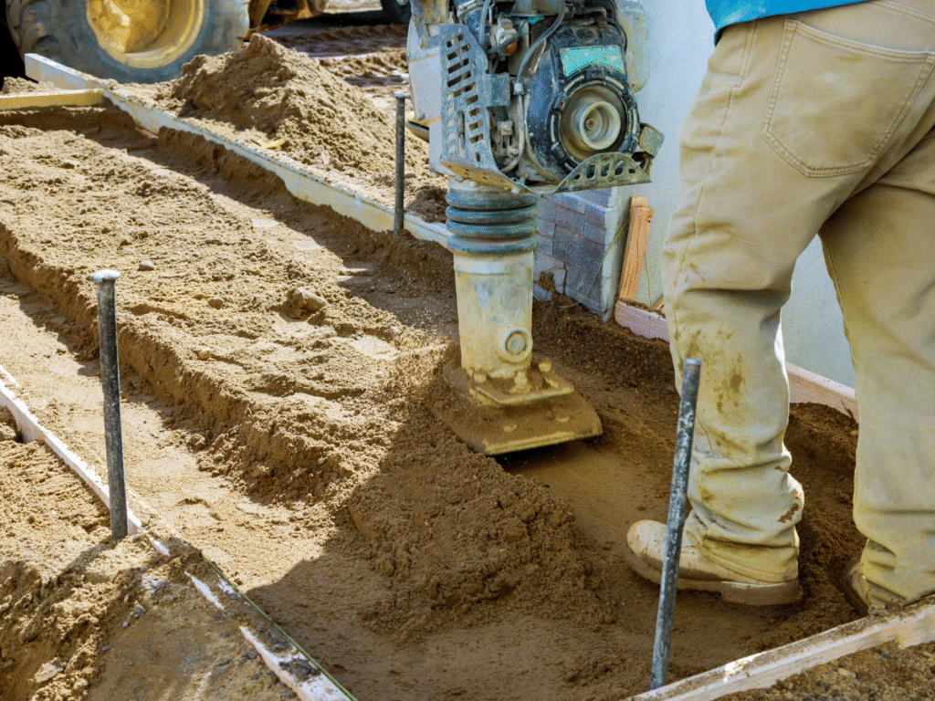 A construction worker from an Ohio paving and construction crew uses a vibrating plate compactor to level and compact soil within a framed foundation area, preparing the ground for a concrete pour.