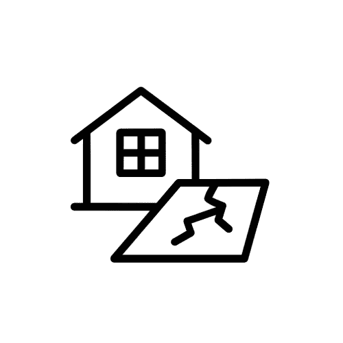 Black and white icon of a house with a front window, next to a document featuring a gavel, symbolizing real estate law or legal documents related to property.