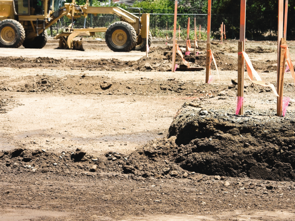 Construction site with dirt ground, orange markers with pink tape, and a large yellow construction vehicle in the background—perfectly suited for a commercial concrete paving contractor like Empire Paving to begin building or excavation work.