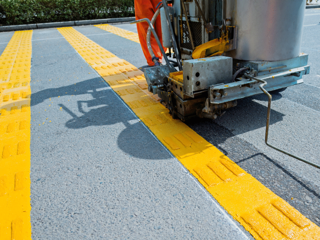 A road marking machine from Empire Paving paints bright yellow traffic lines on asphalt. A worker in orange pants operates the equipment, creating fresh, textured stripes on the roadway.