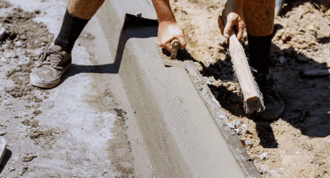 Concrete Curbs A person wearing shorts and sneakers smooths wet concrete on a curb, using a trowel and wooden float, working outdoors on a sunny day—typical of projects handled by ohio paving and construction experts.