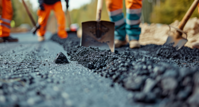 pavement-repair-materials Construction workers in orange safety gear use shovels to spread fresh asphalt on a road, with the image focused closely on the asphalt and tools—a typical scene for ohio paving and construction projects, with trees blurred in the background.